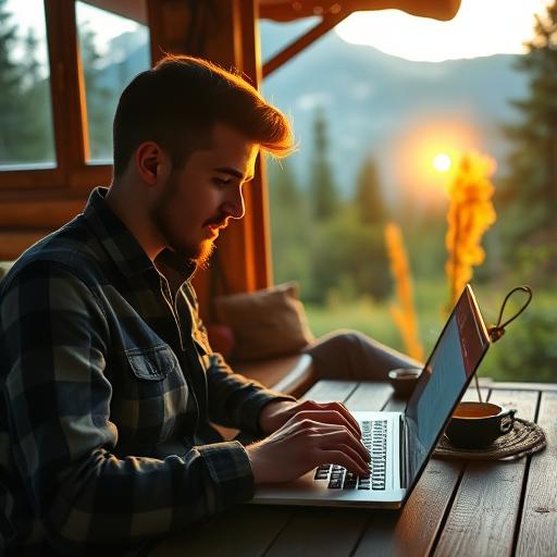 Digital nomad typing in a cozy mountain workspace