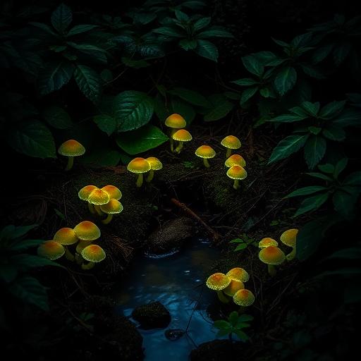 A dense forest floor at dusk with bioluminescent mushrooms, symbolizing the growth and exploration needed in content creation.