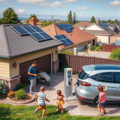 Family in a suburban neighborhood plugging in their electric vehicle, representing innovation and sustainability