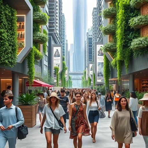 A bustling futuristic city with eco-friendly practices