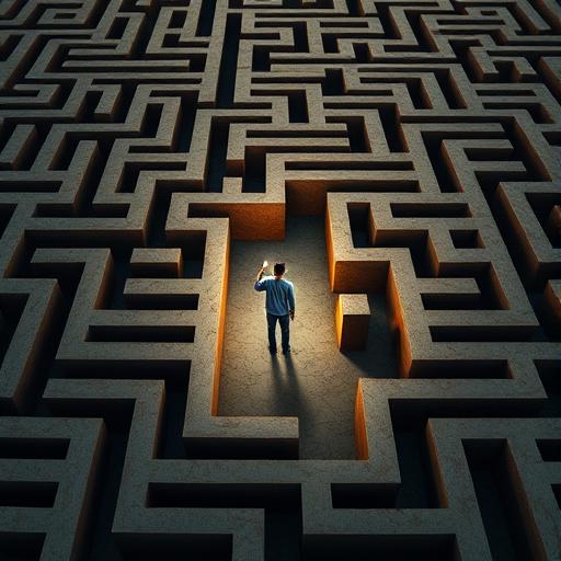 Aerial view of a vast maze with a lone individual seeking the way out