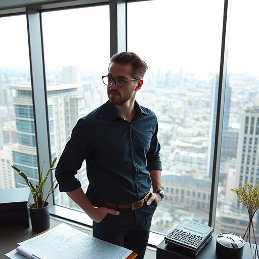 Entrepreneur in high-rise office looking determined and focused