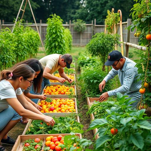 A close-up of a community garden showcasing diverse individuals nurturing their plants