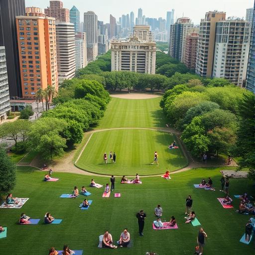 Bustling cityscape contrasted with lush park