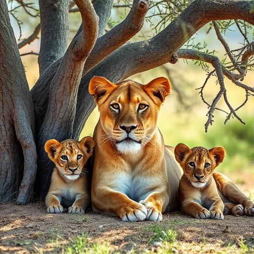 A proud lioness and her cubs representing the strength and support within the field.