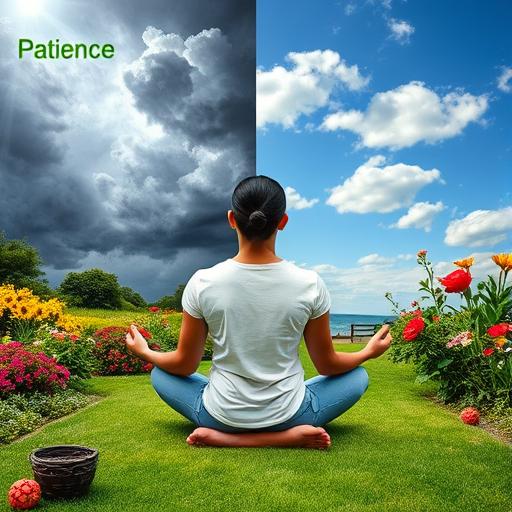 Split-image showing person meditating on one side and dynamic cityscape on the other, representing balance