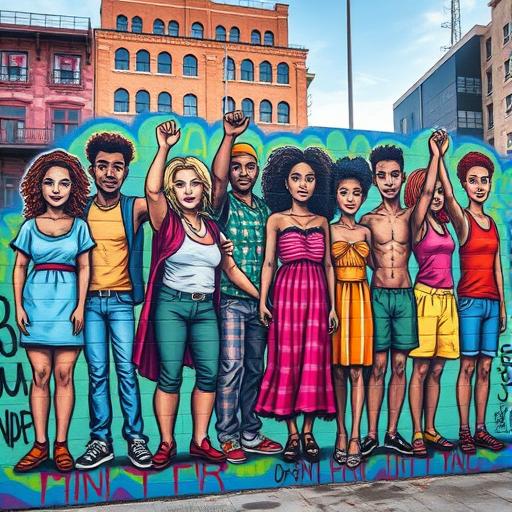 A vibrant graffiti mural depicting diverse individuals collaborating and celebrating success