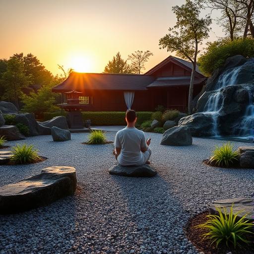 A serene zen garden at sunrise symbolizing leadership growth