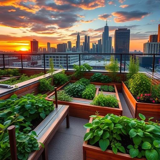 A vibrant urban rooftop garden at sunset, embodying the beauty of a digital nomad lifestyle.