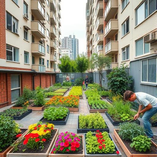 A small community garden nestled between high-rise buildings
