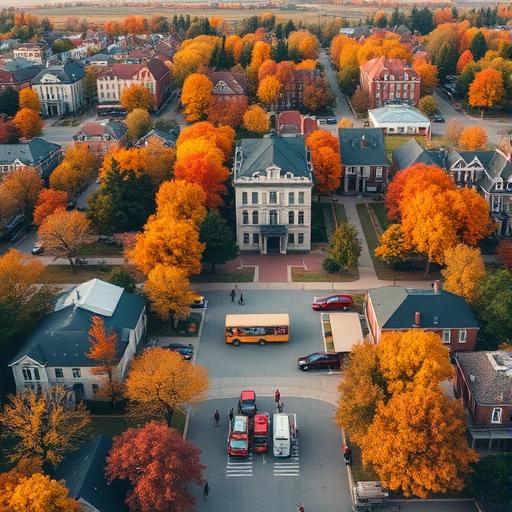 An aerial view of a small town during autumn showcasing vibrant colors