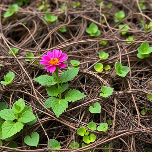 An overgrown garden with a single flower symbolizing a positive environment’s growth