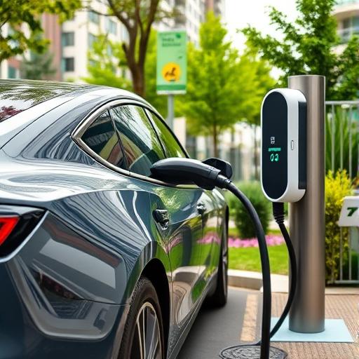 A close-up shot of a sleek modern electric car demonstrating the future of connectivity