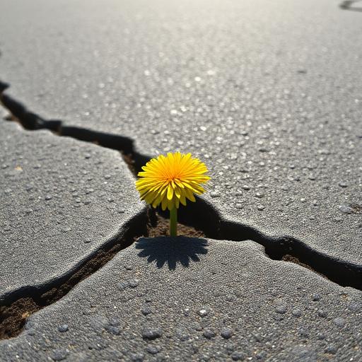 Dandelion blooming through concrete symbolizing resilience