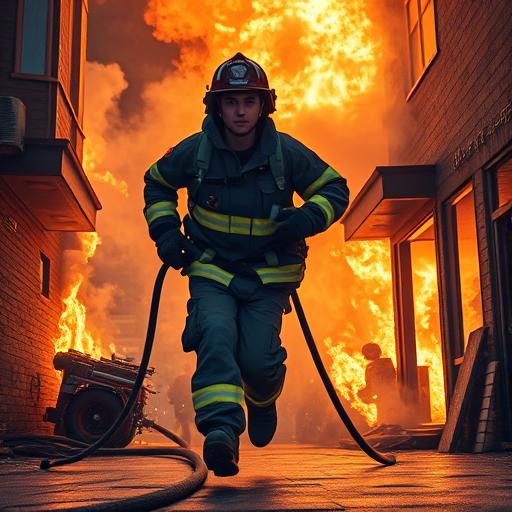 A lone firefighter fearlessly running into a blazing fire symbolizes courage to unleash inner potential.