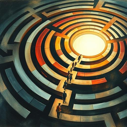 An abstract labyrinth with a path leading to a luminous center