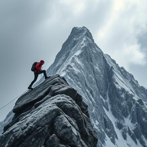 Climber reaching the peak of a towering mountain