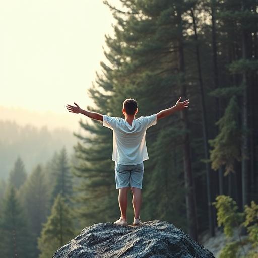 Person standing peacefully on the edge of a serene cliff, embracing inner potential