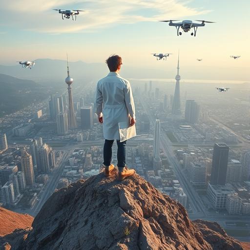 A young scientist standing confidently on a mountain top