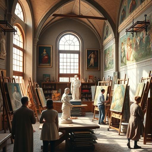 A bustling art studio filled with artists capturing beauty