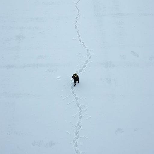Aerial view of explorer trekking across frozen terrain indicating journey progress