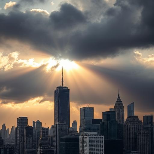 A city skyline after a storm with sunlight breaking through, representing new beginnings