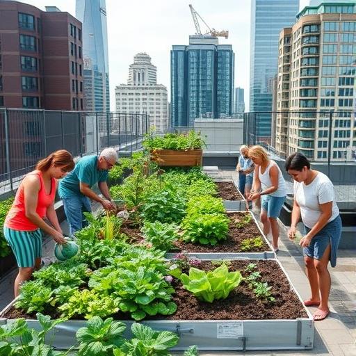 A diverse group of people tending to a rooftop vegetable garden, illustrating the beauty of building genuine connections.