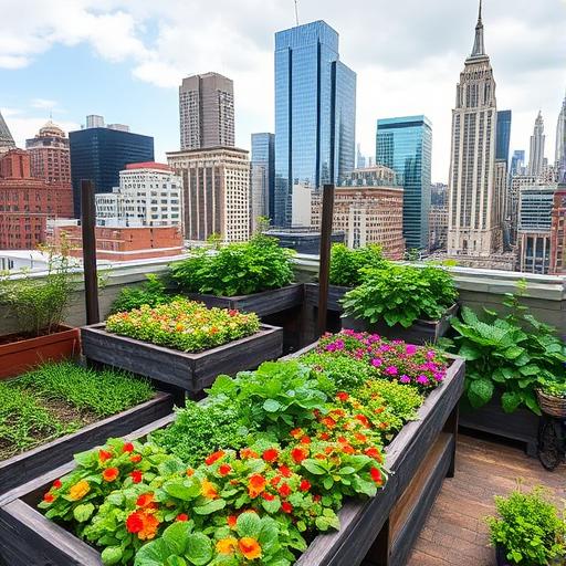 A rooftop garden in a bustling city symbolizing growth and connection