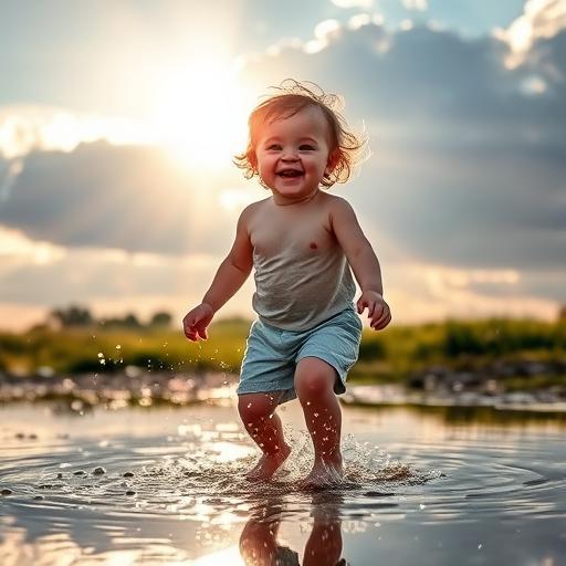 A young child joyfully playing in a puddle, illustrating resilience and finding joy in challenges.
