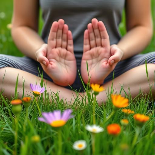 A close-up of hands in a meditation pose resting on a beautiful surface