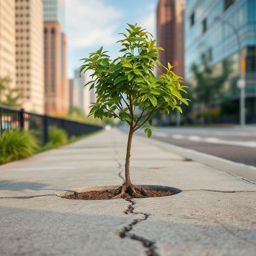 Tree growing out of a cracked sidewalk representing resilience