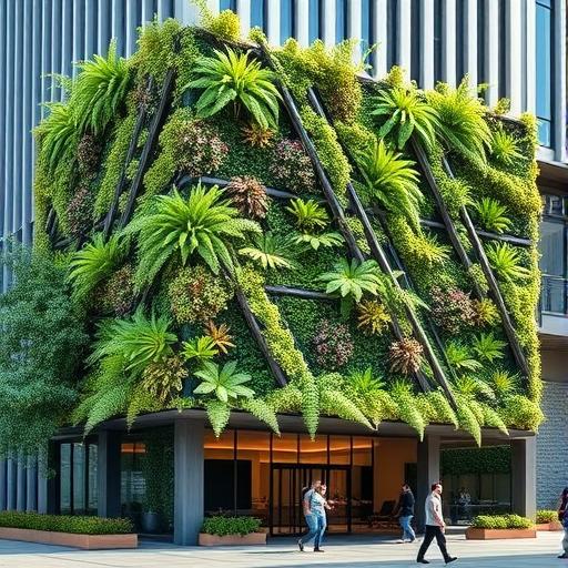 A vertical garden on a contemporary office facade, symbolizing the interconnectedness of community.