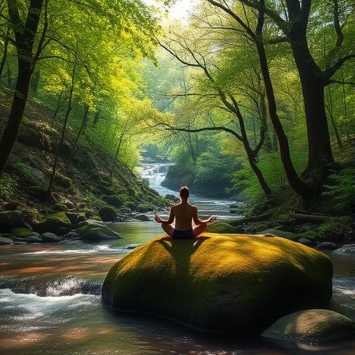 A serene forest scene with lush green trees and sunlight filtering through, symbolizing peace and discovery.