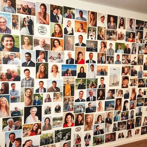 Wall covered with photographs showing progress over time