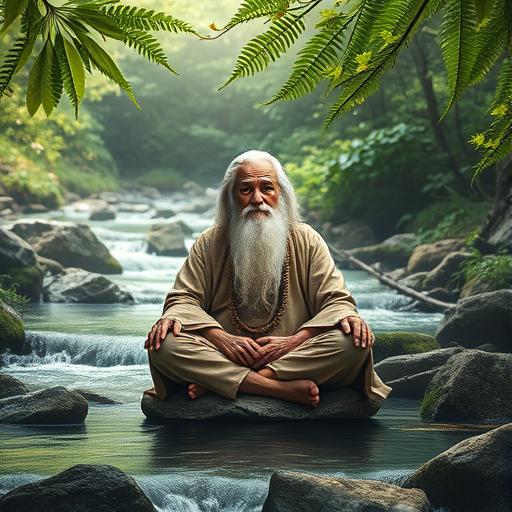 Wise elder in a tranquil setting symbolizing supportive community