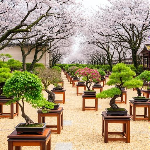 A serene bonsai exhibition symbolizing growth and harmony