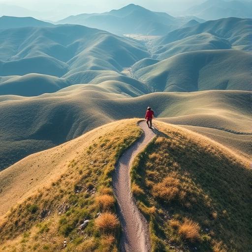A bird's eye view of a solitary hiker reflecting mindfulness and organization.