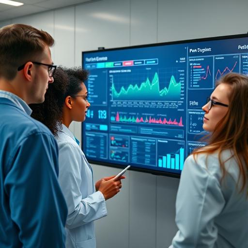 A diverse group of medical professionals analyzing collaborative technology
