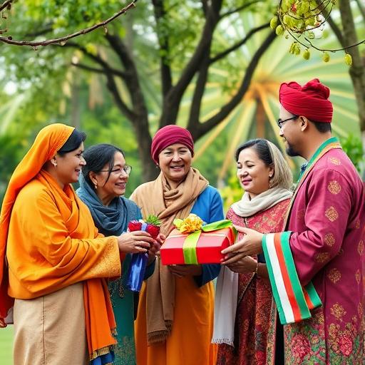 A diverse group exchanging gifts, symbolizing support and resilience