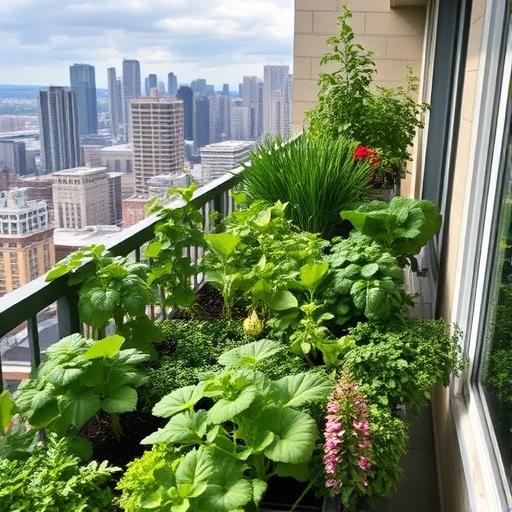 A vibrant urban garden thriving on a high-rise apartment