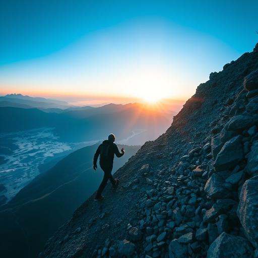 A person ascending a steep rocky mountain trail representing perseverance and growth