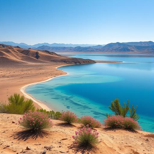 A barren desert landscape gradually blooming into a lush oasis, illustrating resilience