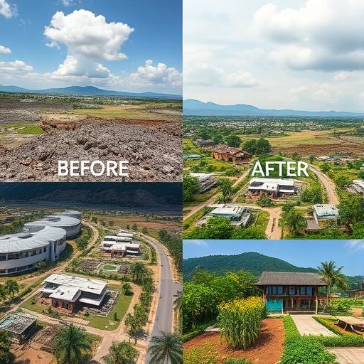 Collage of before and after depicting transformation amidst devastation