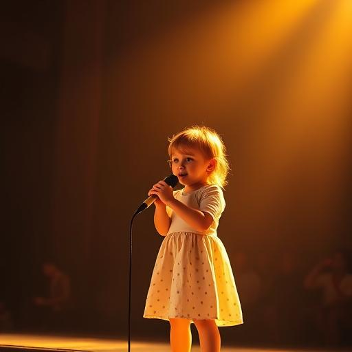 A young child standing on a stage with a heart racing yet hopeful expression, representing the value of positive support and community.