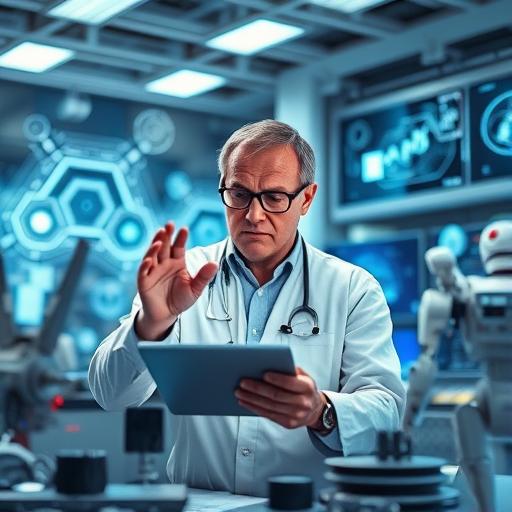 A futuristic high-tech lab inventor surrounded by innovation