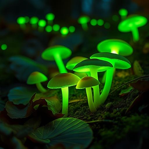 A close-up of a forest floor at night with bioluminescent plants