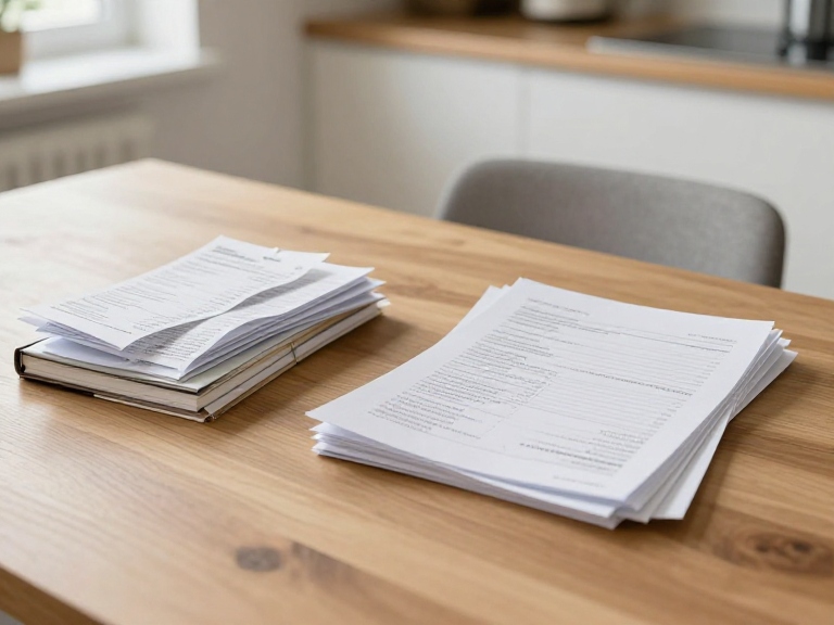 A calm and hopeful scene of a small business owner sitting at a wooden kitchen table. A messy pile of receipts and notebooks is on one side, while on the other side neat, organized financial statement pages are neatly stacked. Soft natural morning light fills the room, creating a feeling of clarity and relief. Realistic style, warm neutral tones, high detail.