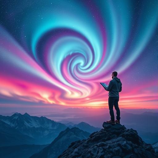 Artist standing atop a mountain peak sketching vision