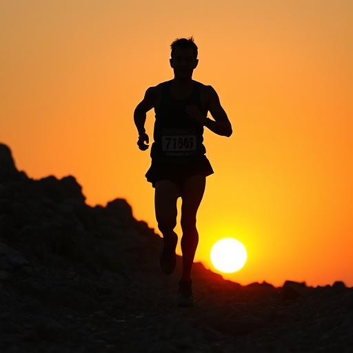 A marathon runner silhouetted against a setting sun representing perseverance