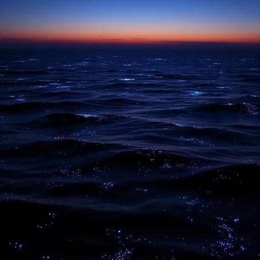 A twilight scene depicting a vast ocean with gentle waves